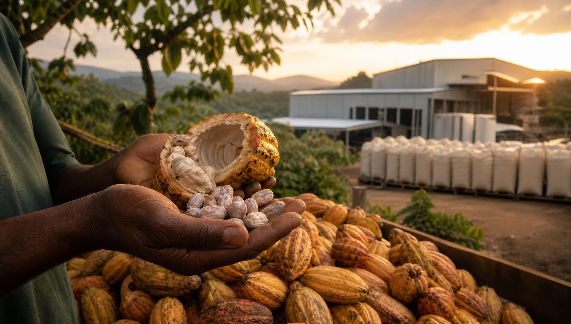 Freshly harvested Ghanaian cocoa pods and beans at a processing facility at sunset